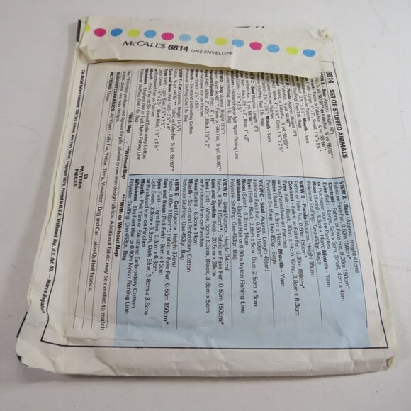 McCalls 6814 Vintage Stuffed Animals (complete) Sewing Pattern - Picture 6 of 6